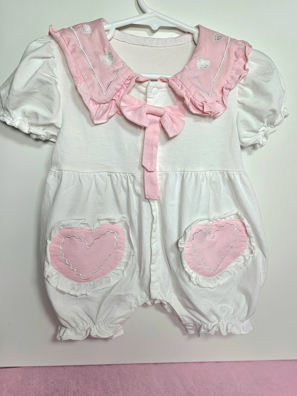White and Pink Heart Pocket Baby Romper, Vintage Style